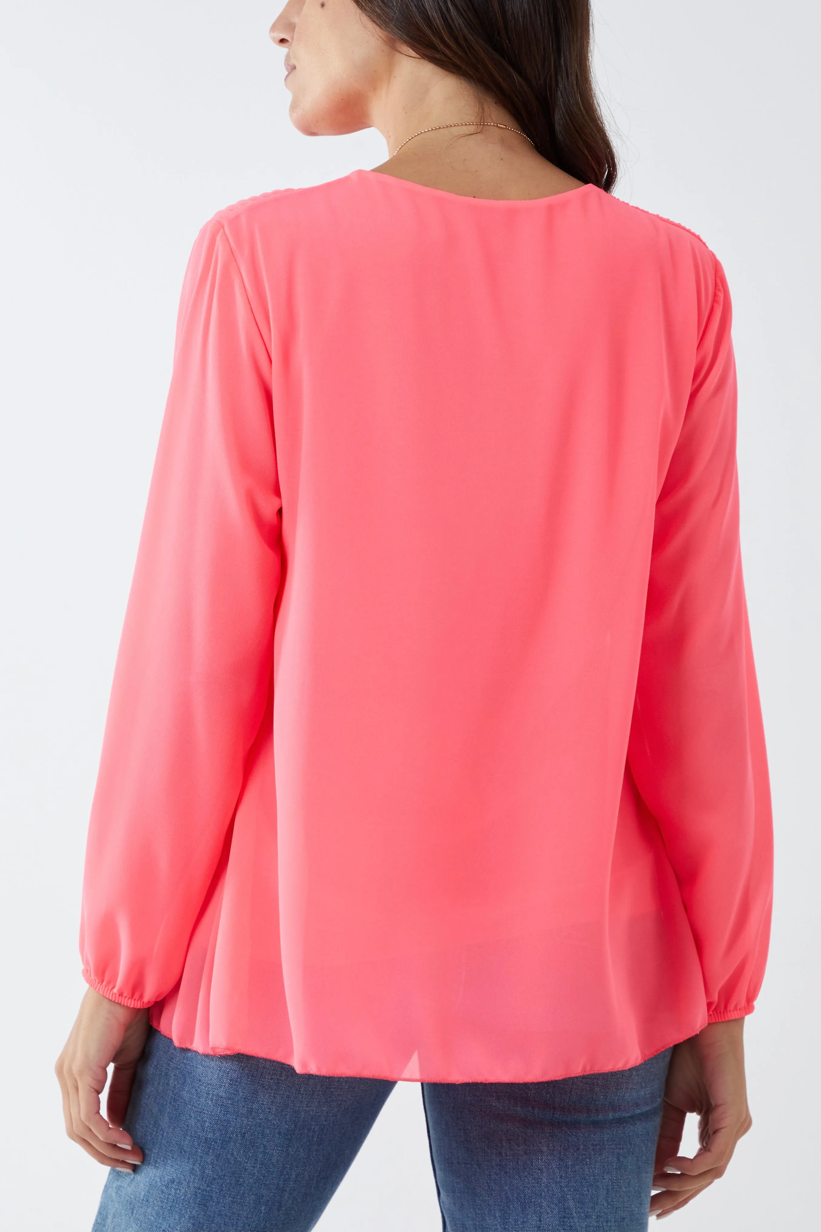 Pleated Long Sleeve Necklace Top