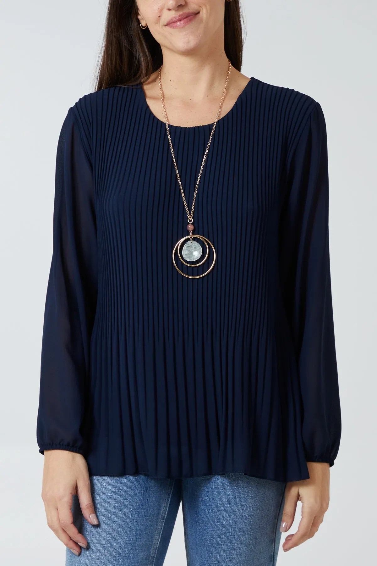 Pleated Long Sleeve Necklace Top