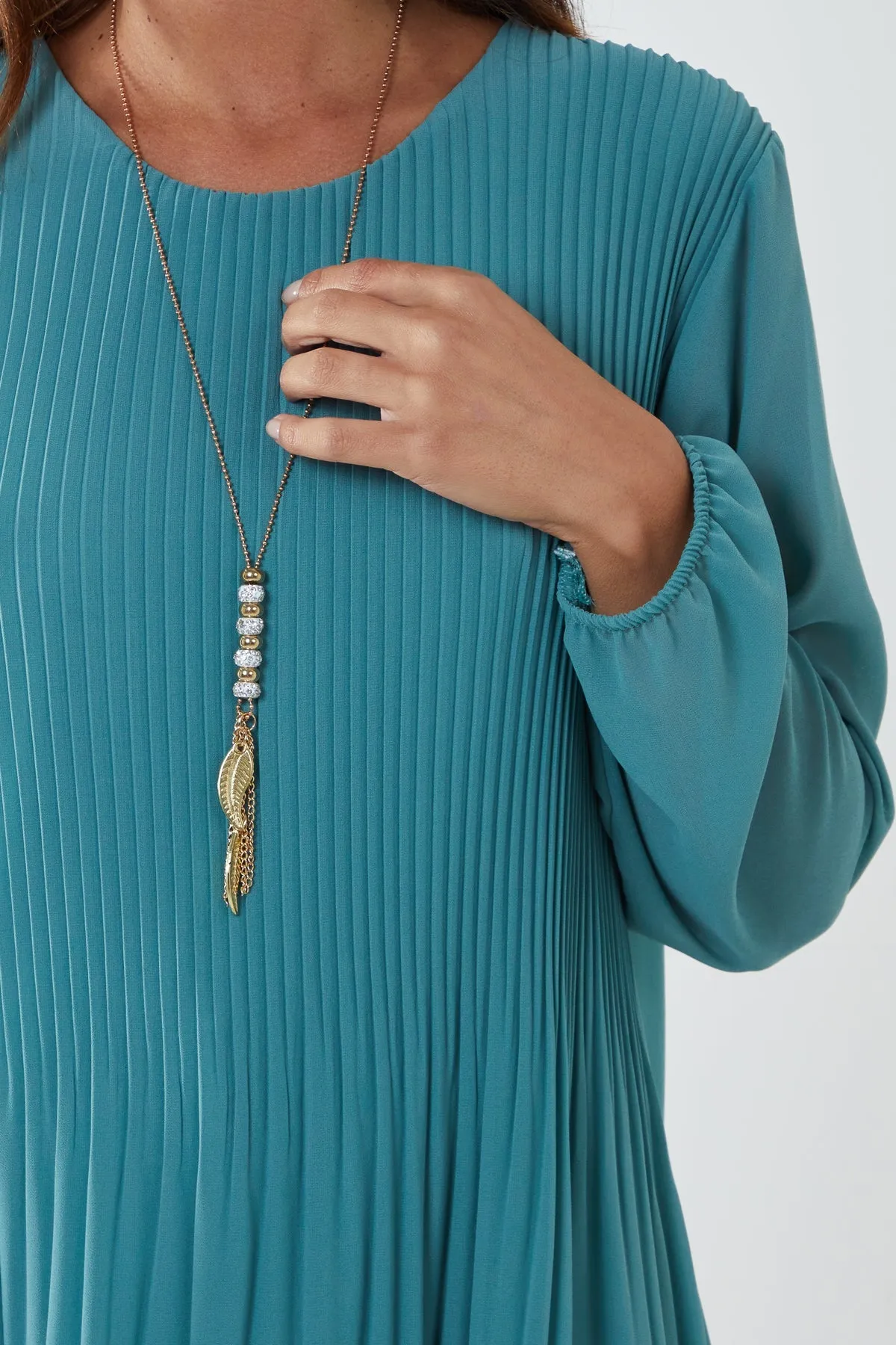 Pleated Long Sleeve Necklace Top