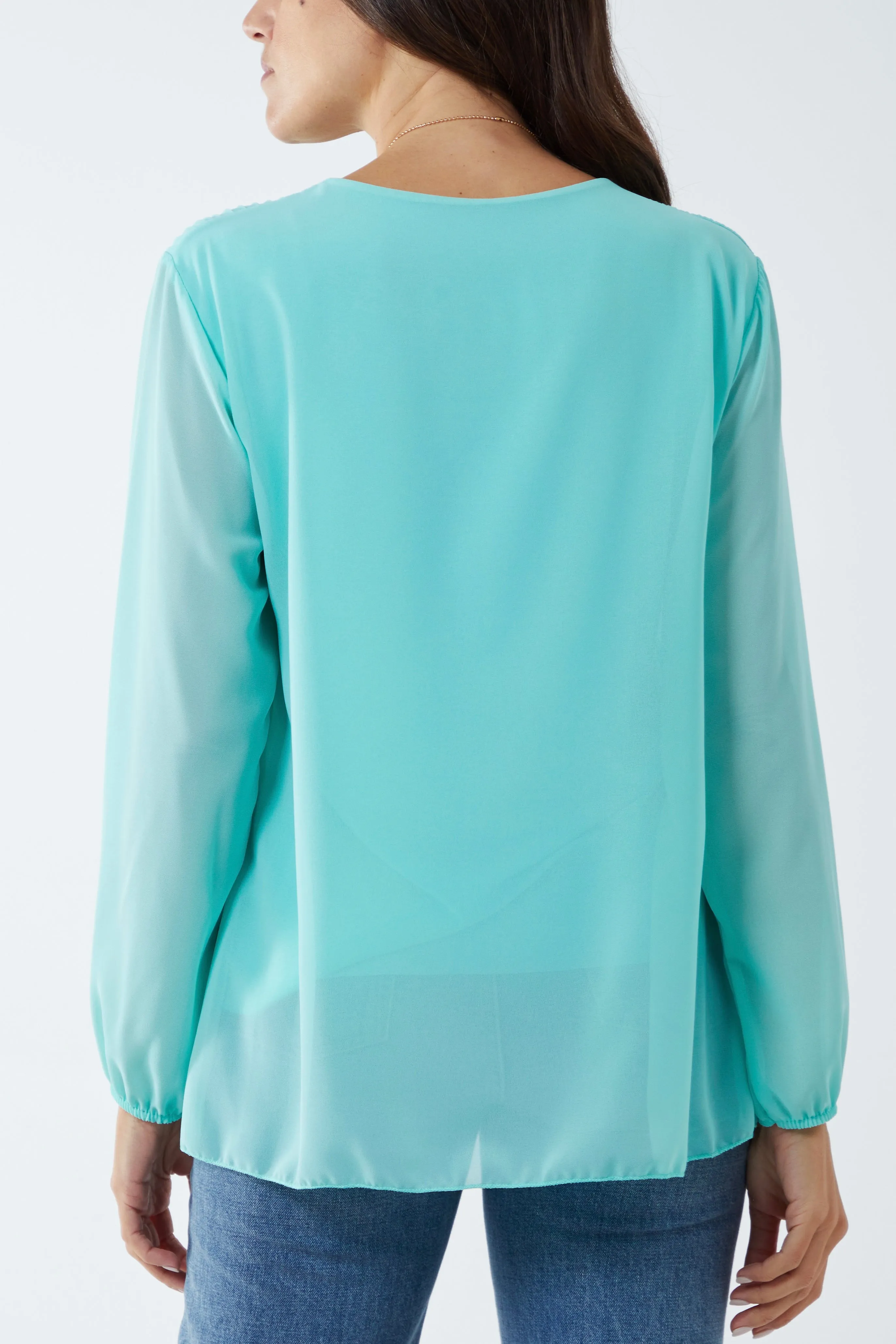 Pleated Long Sleeve Necklace Top