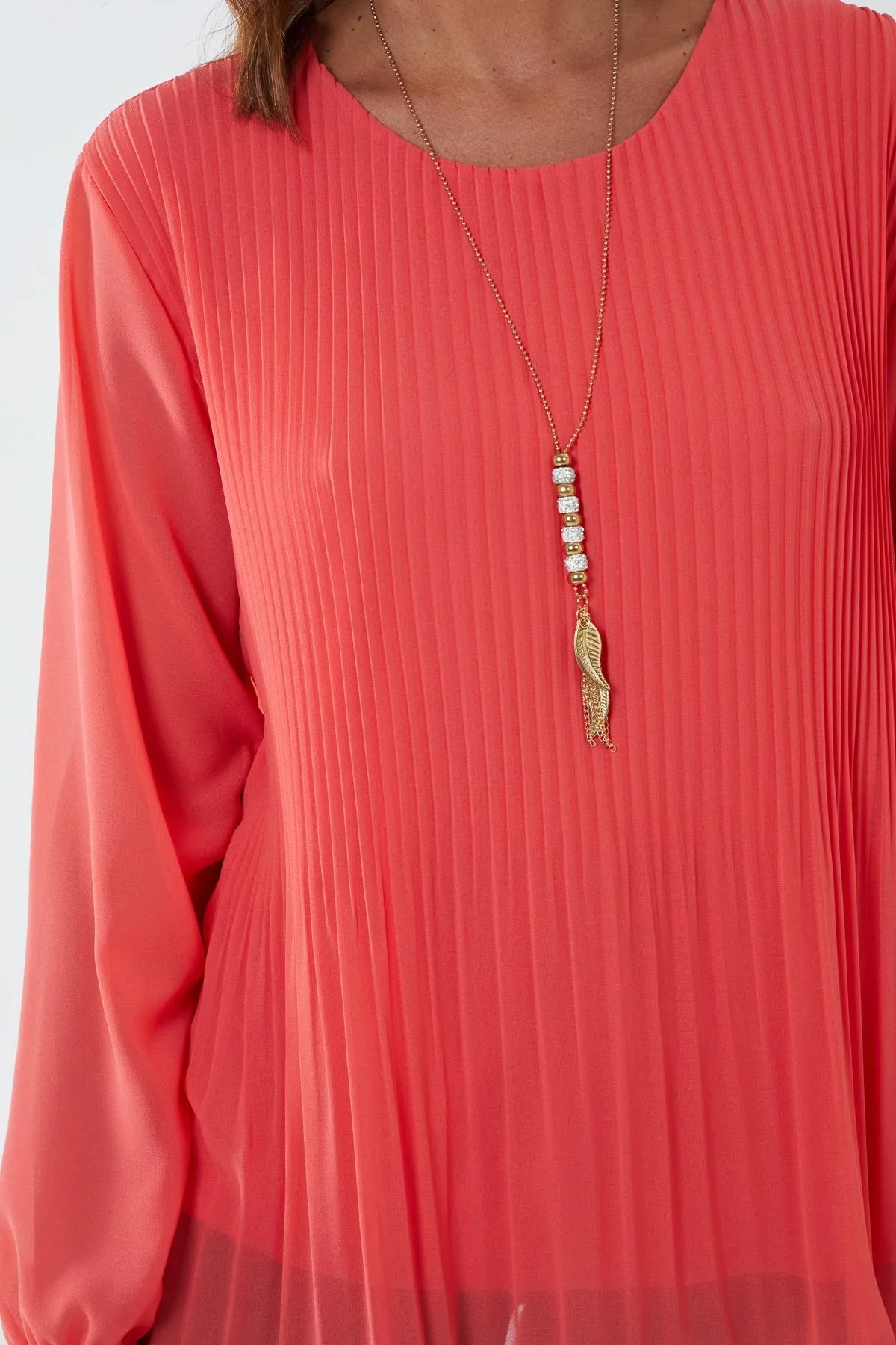 Pleated Long Sleeve Necklace Top