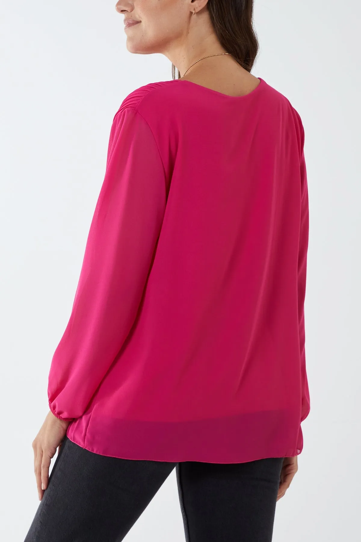 Pleated Long Sleeve Necklace Top