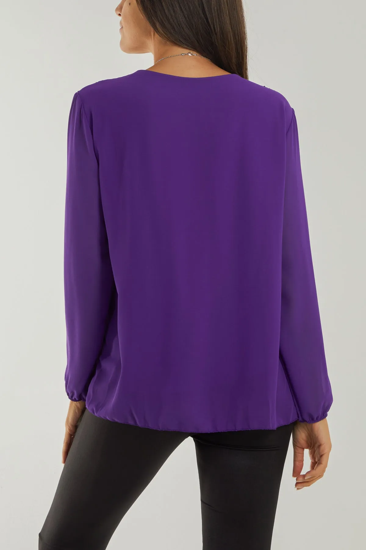 Pleated Long Sleeve Necklace Top