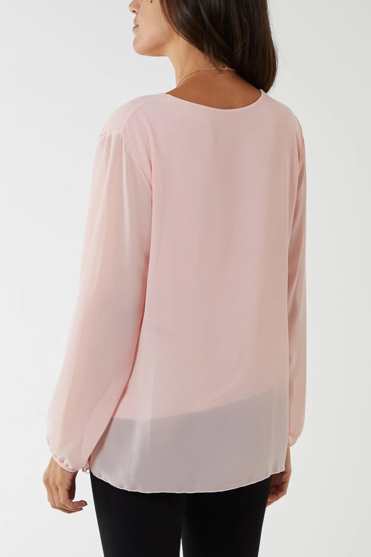 Pleated Long Sleeve Necklace Top