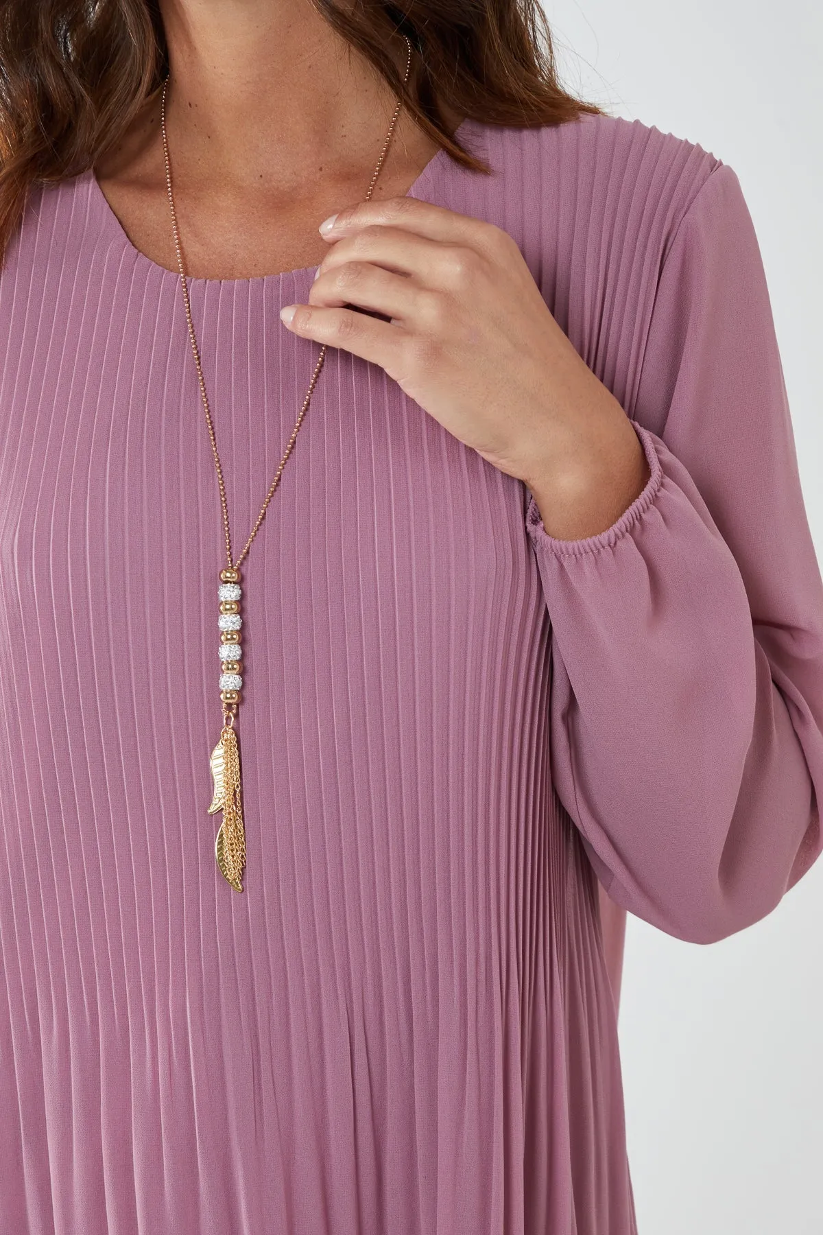 Pleated Long Sleeve Necklace Top