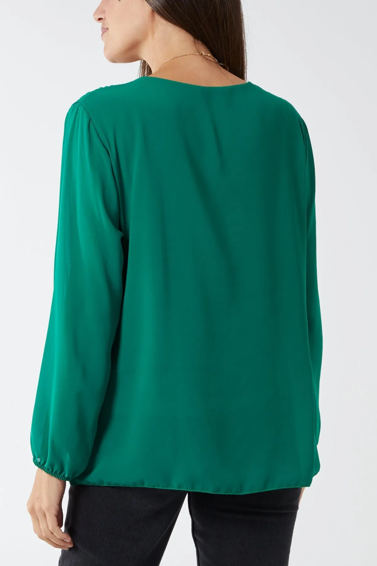 Pleated Long Sleeve Necklace Top