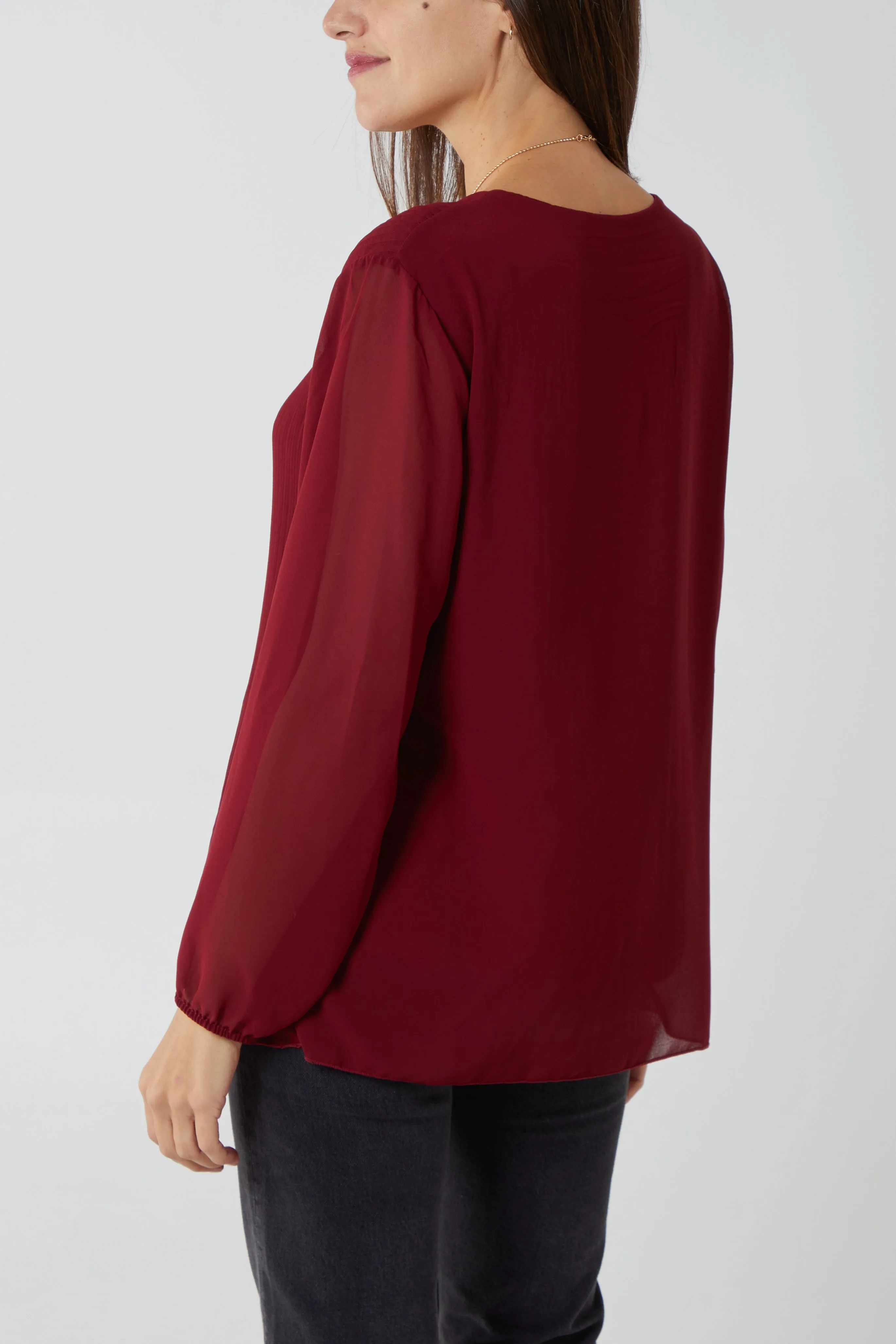 Pleated Long Sleeve Necklace Top