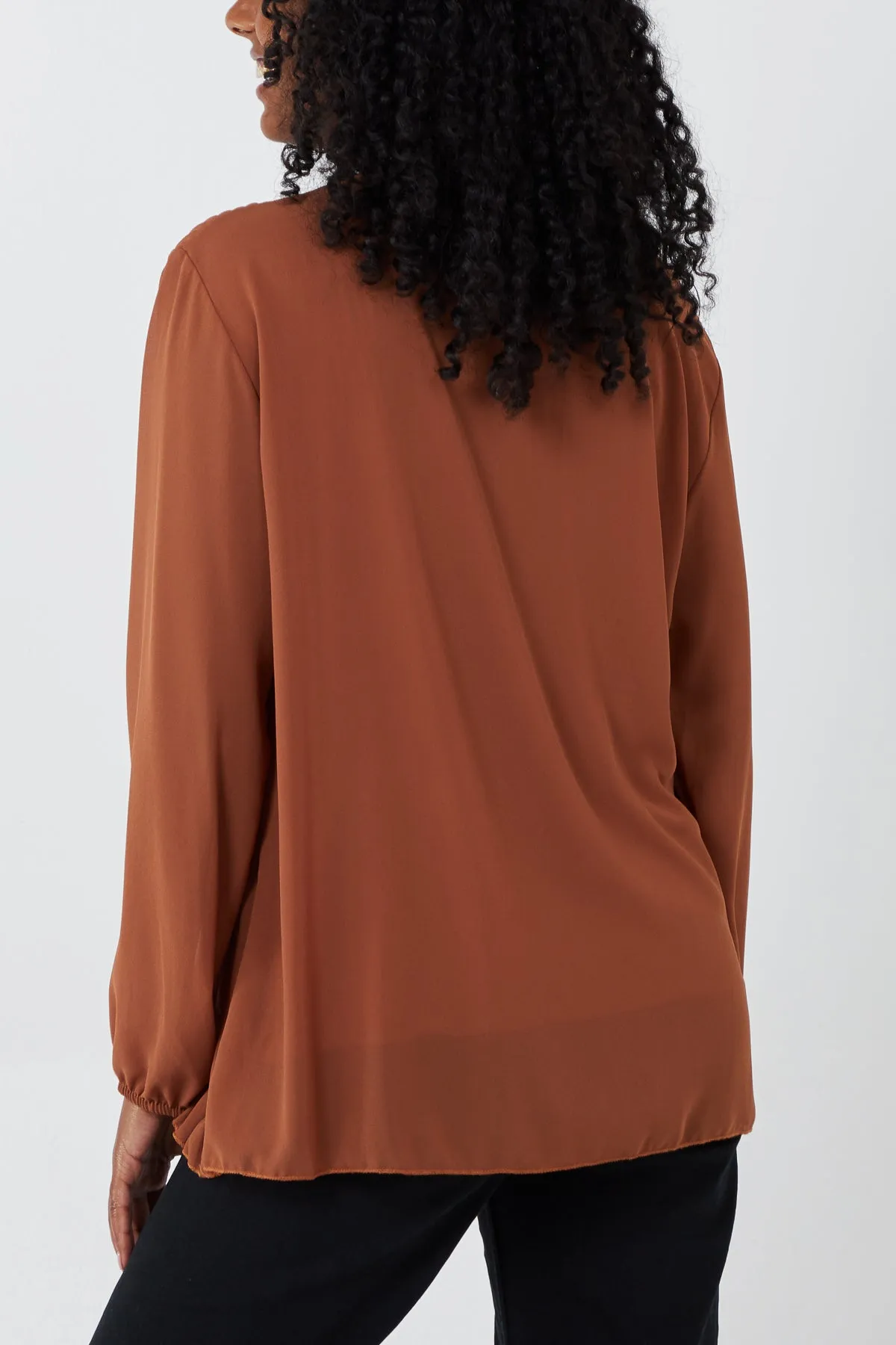 Pleated Long Sleeve Necklace Top