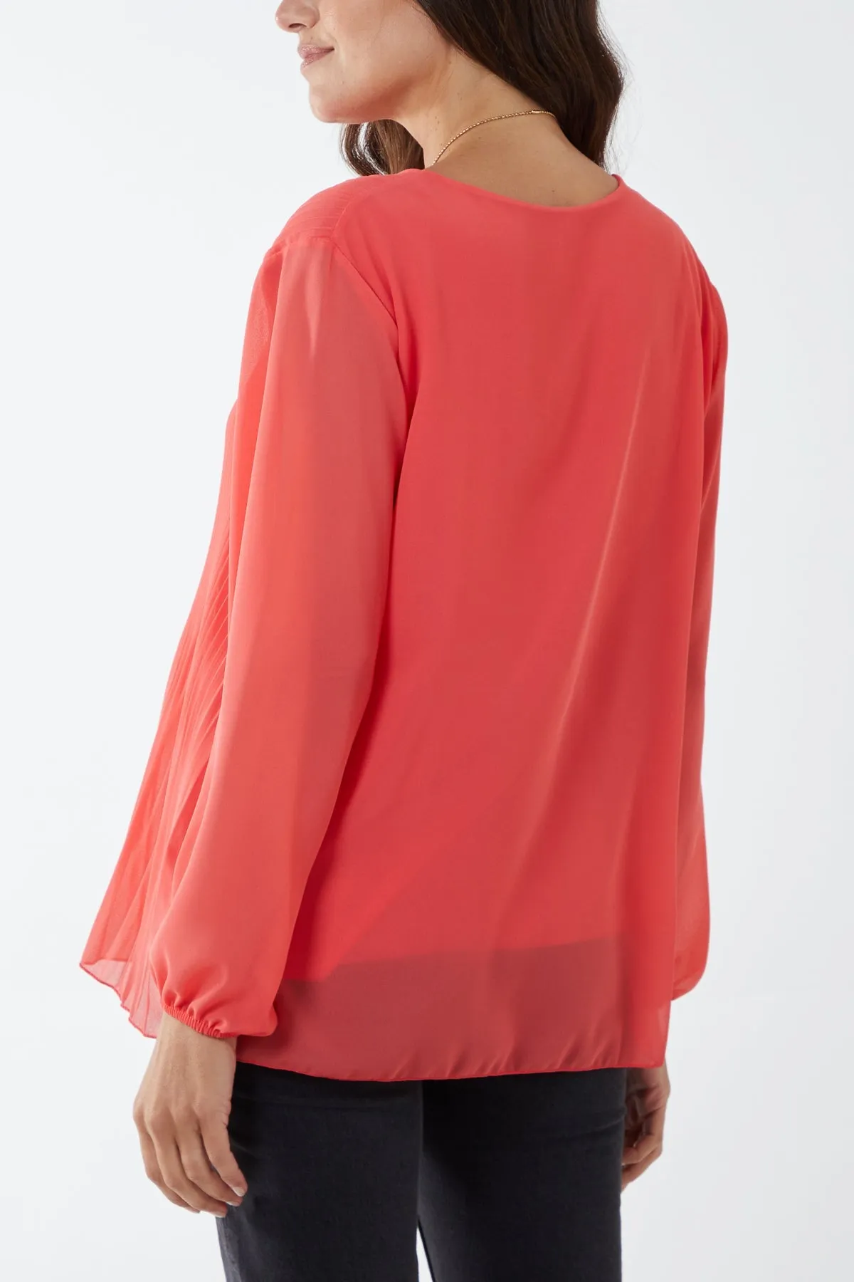 Pleated Long Sleeve Necklace Top