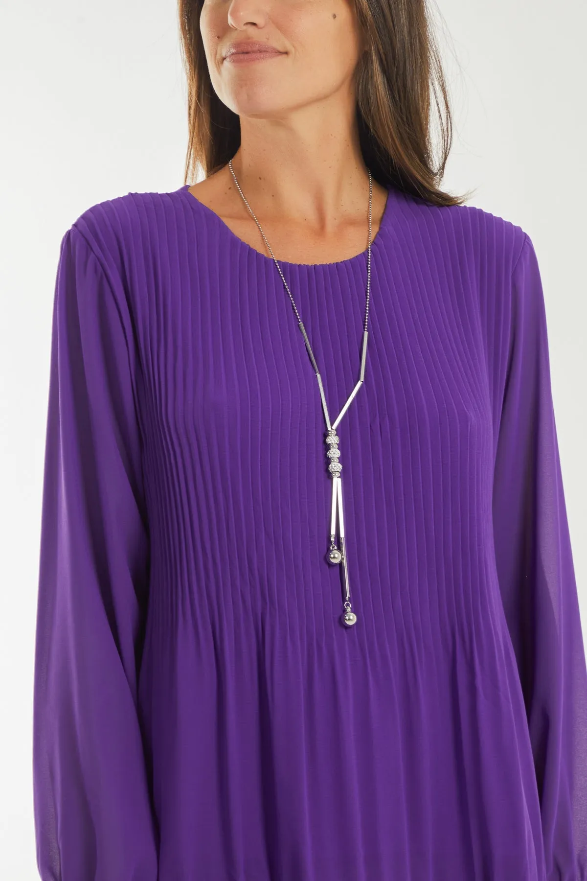 Pleated Long Sleeve Necklace Top