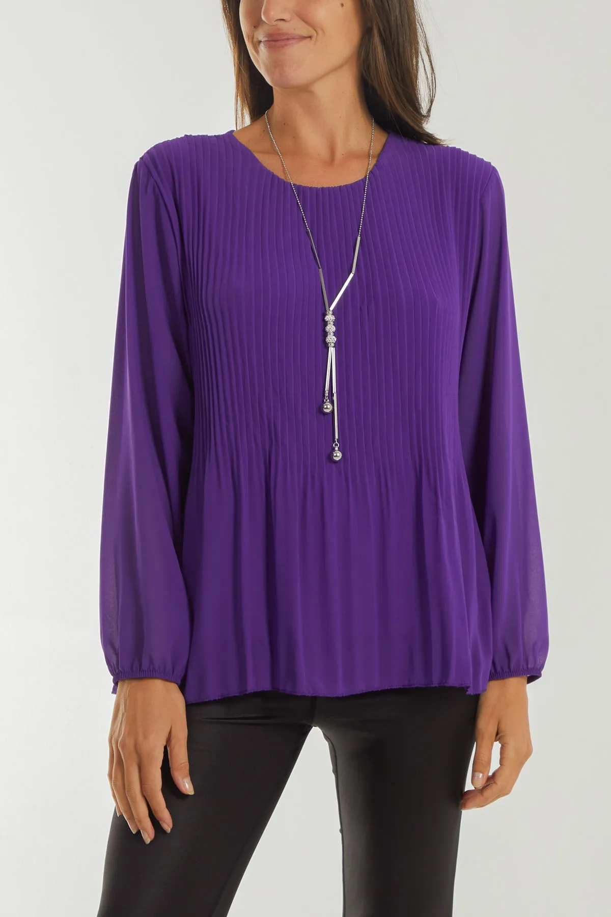 Pleated Long Sleeve Necklace Top