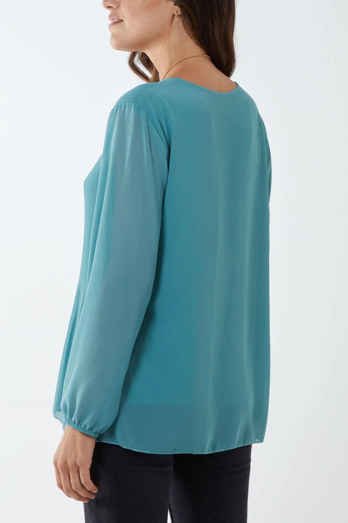 Pleated Long Sleeve Necklace Top