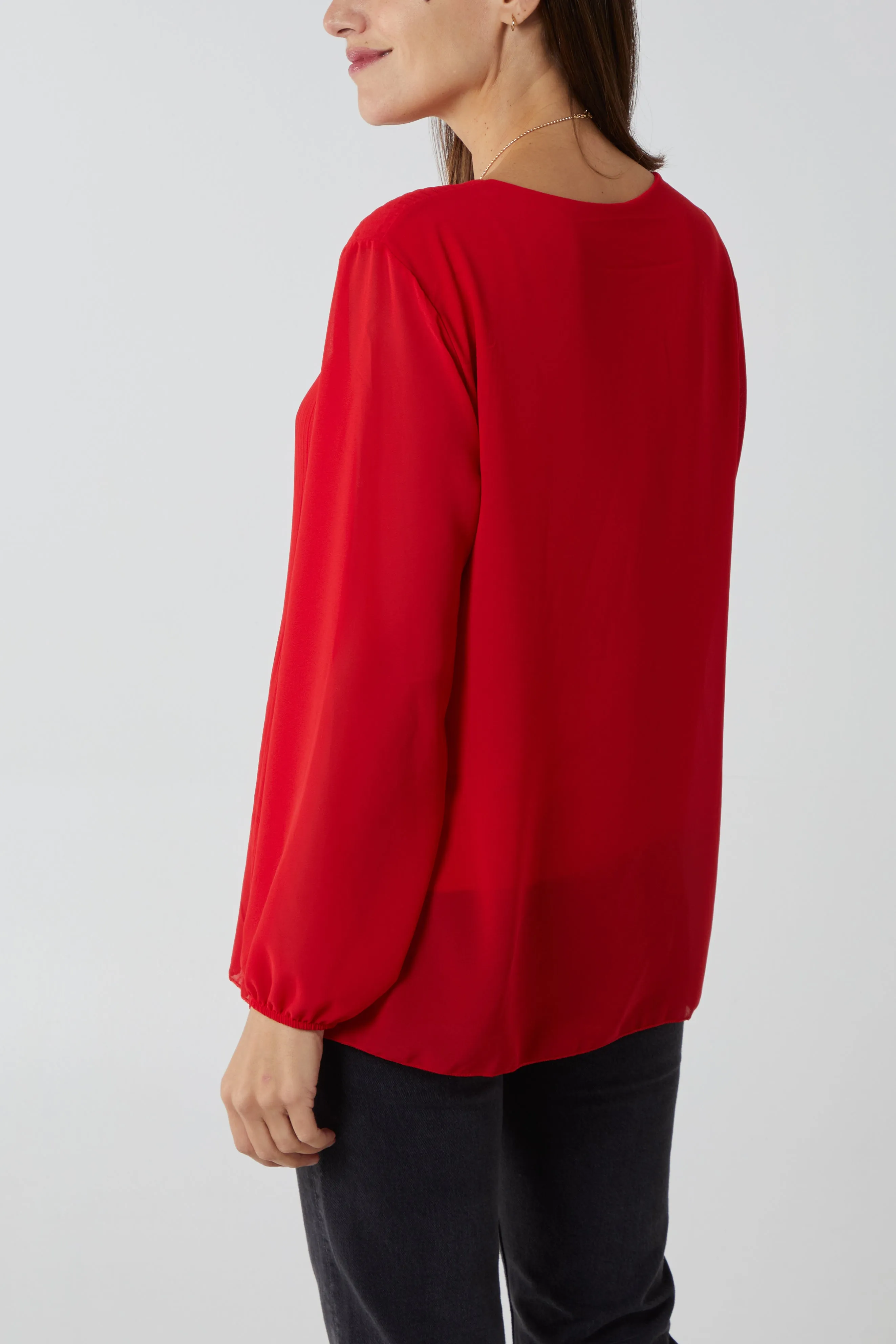 Pleated Long Sleeve Necklace Top