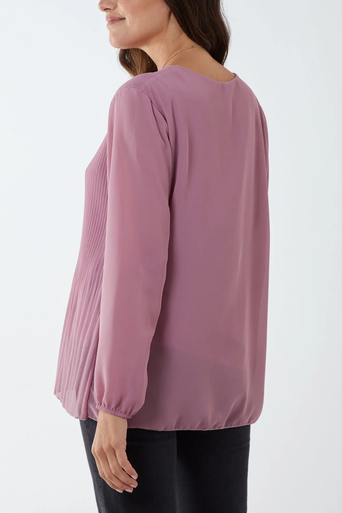 Pleated Long Sleeve Necklace Top