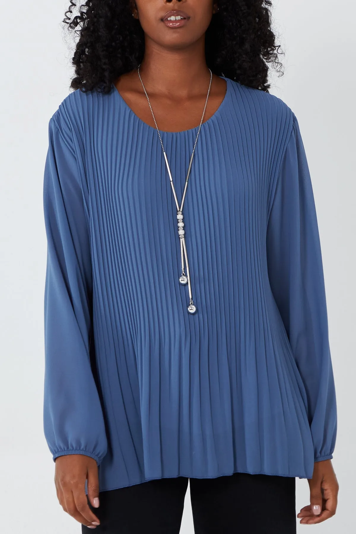 Pleated Long Sleeve Necklace Top