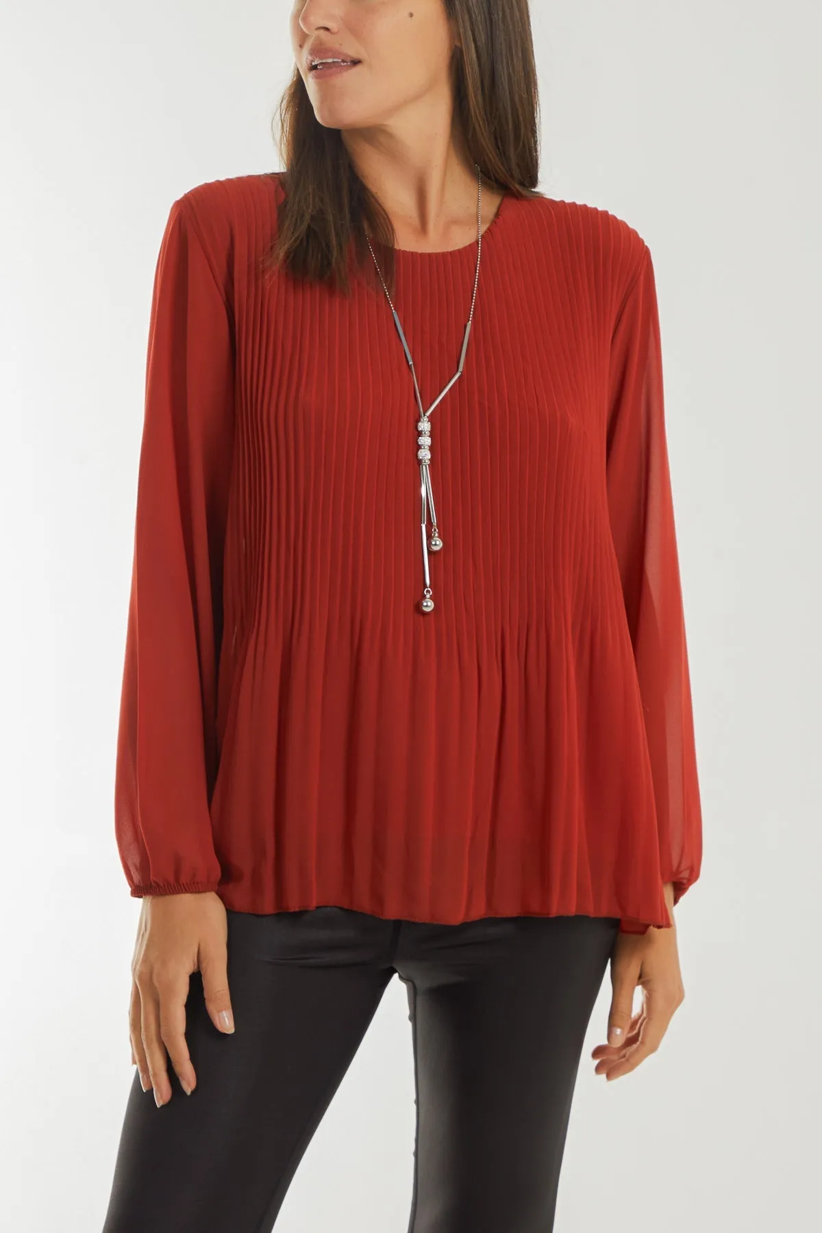 Pleated Long Sleeve Necklace Top