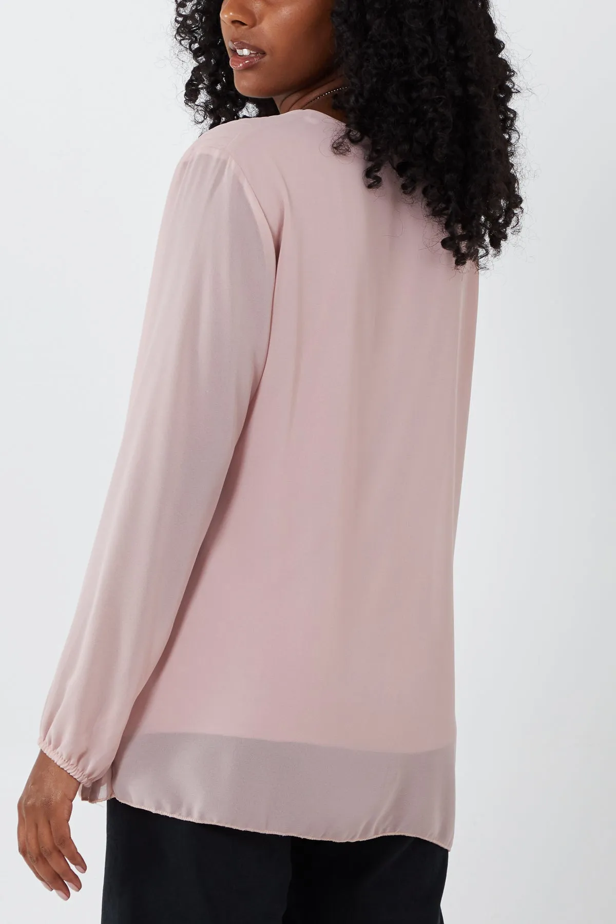 Pleated Long Sleeve Necklace Top