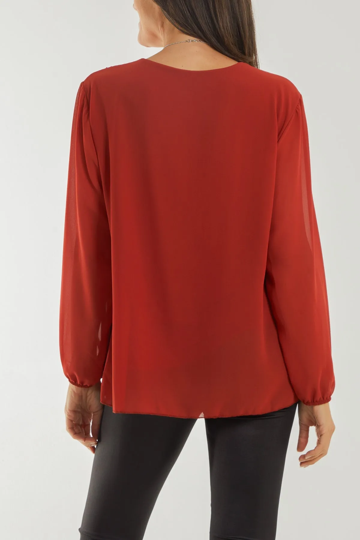 Pleated Long Sleeve Necklace Top