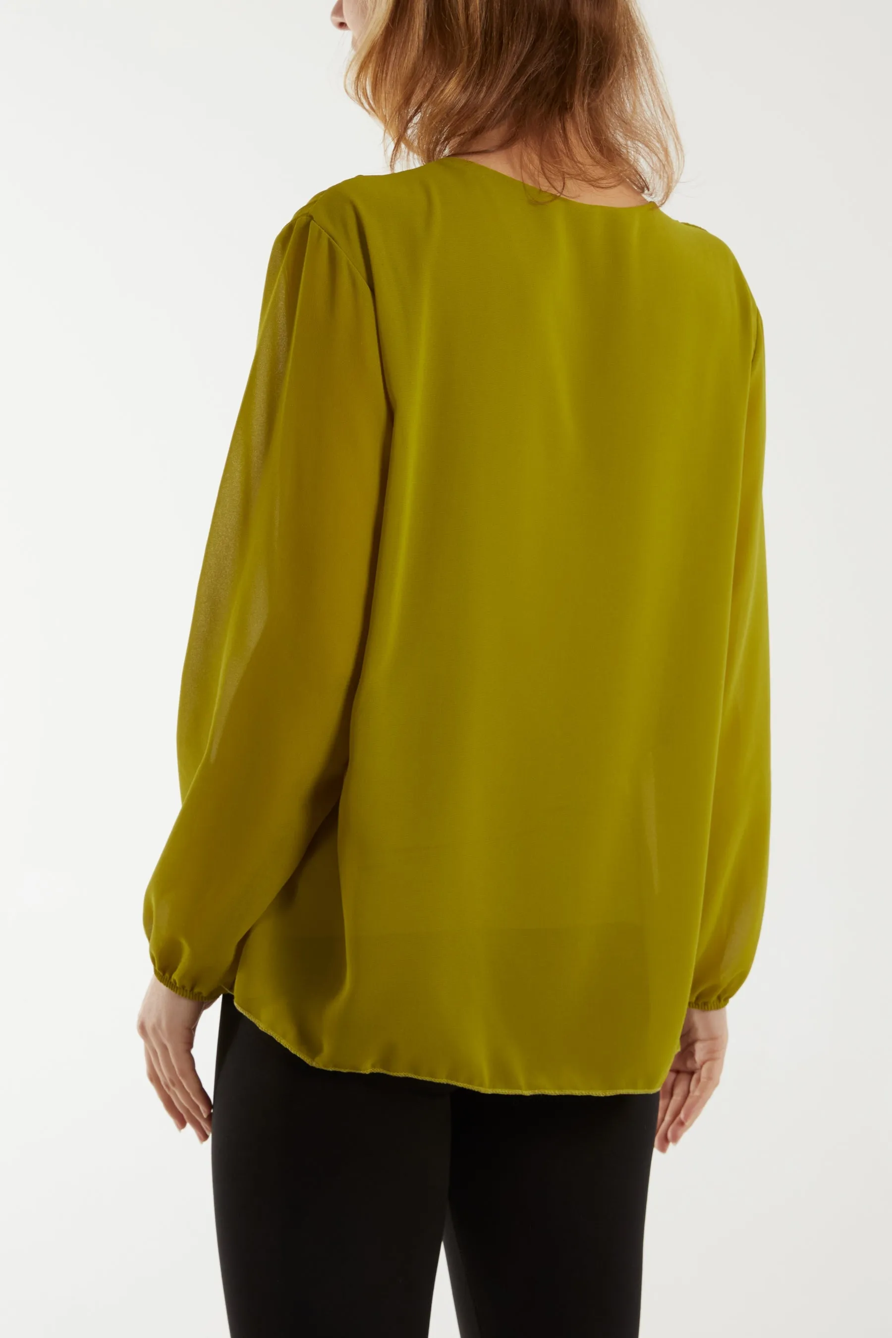 Pleated Long Sleeve Necklace Top