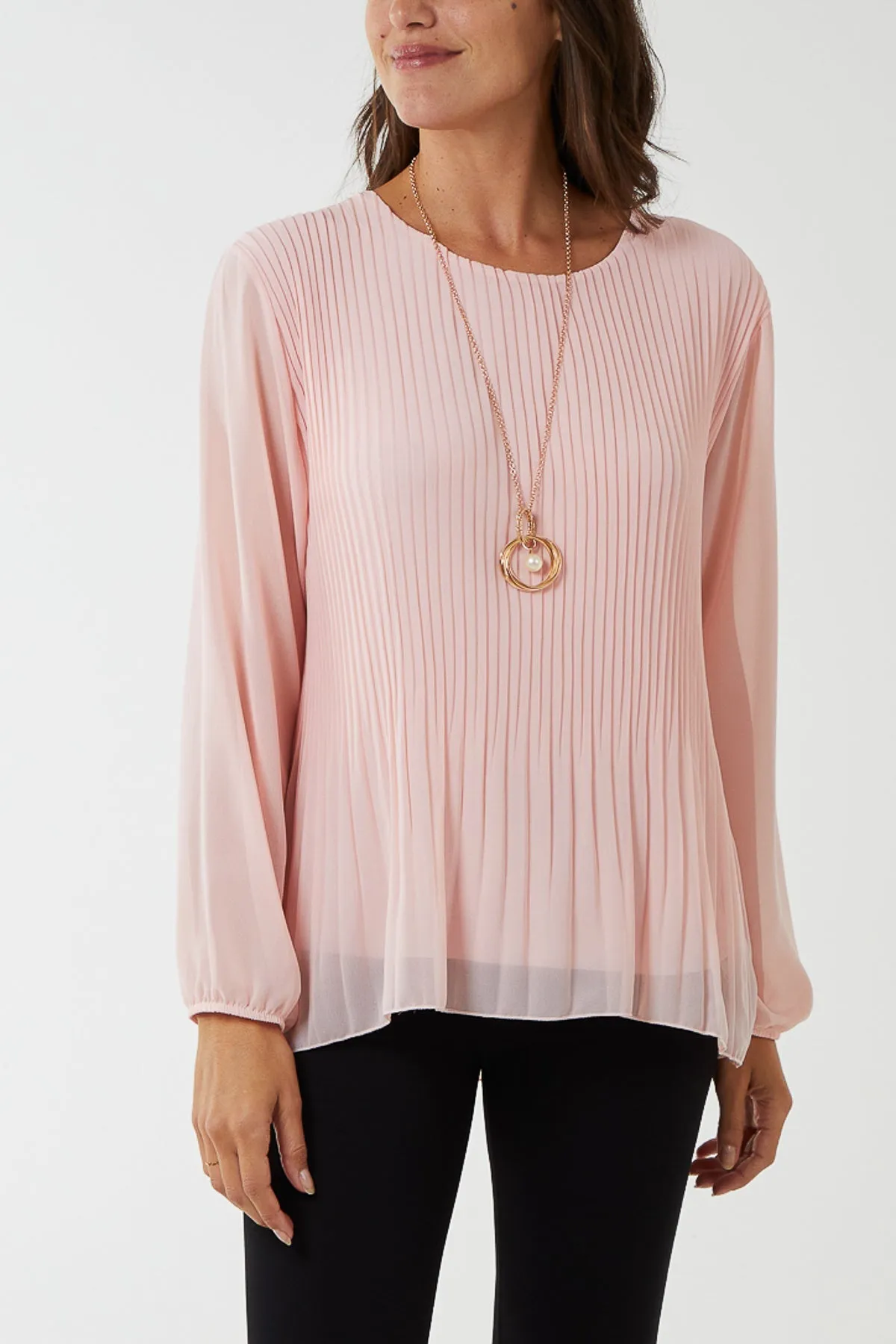 Pleated Long Sleeve Necklace Top