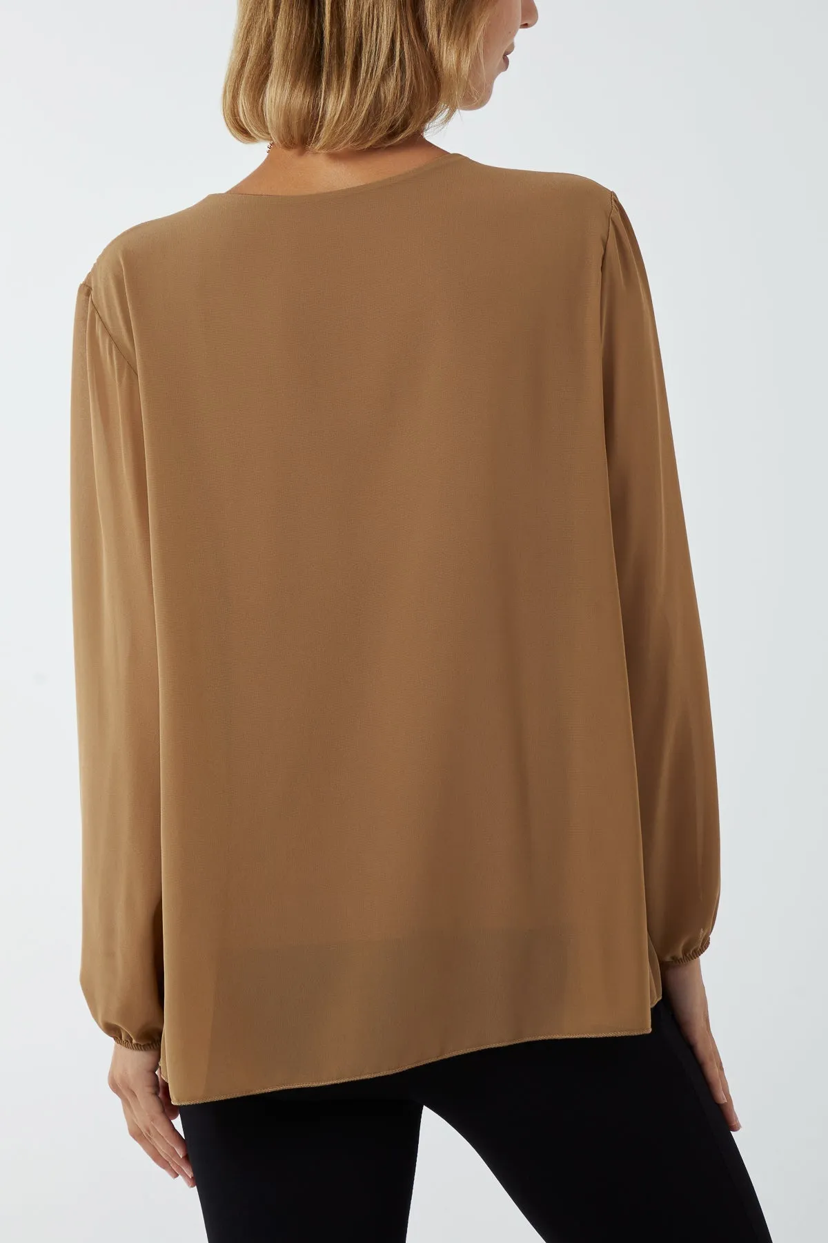 Pleated Long Sleeve Necklace Top