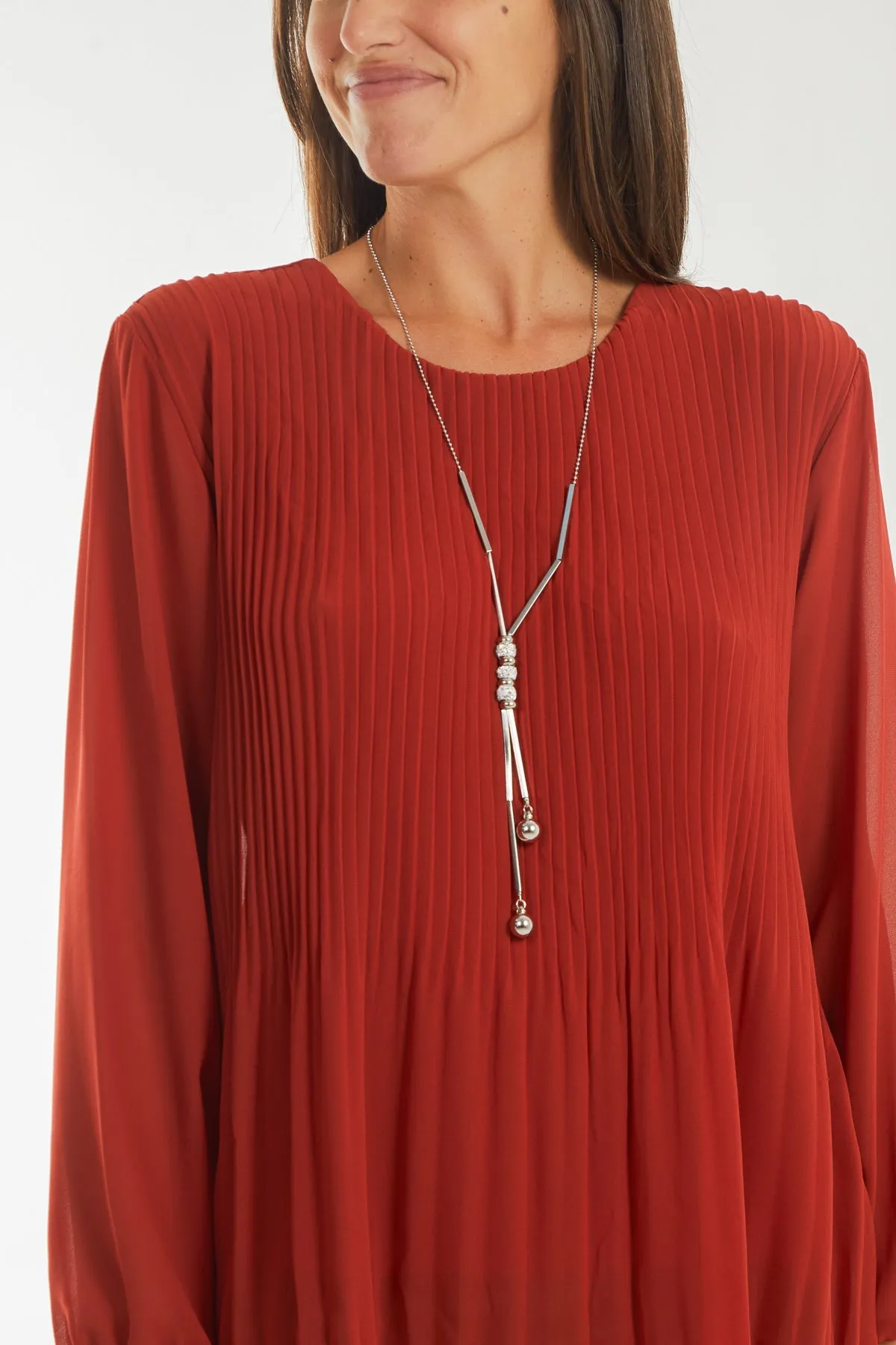 Pleated Long Sleeve Necklace Top