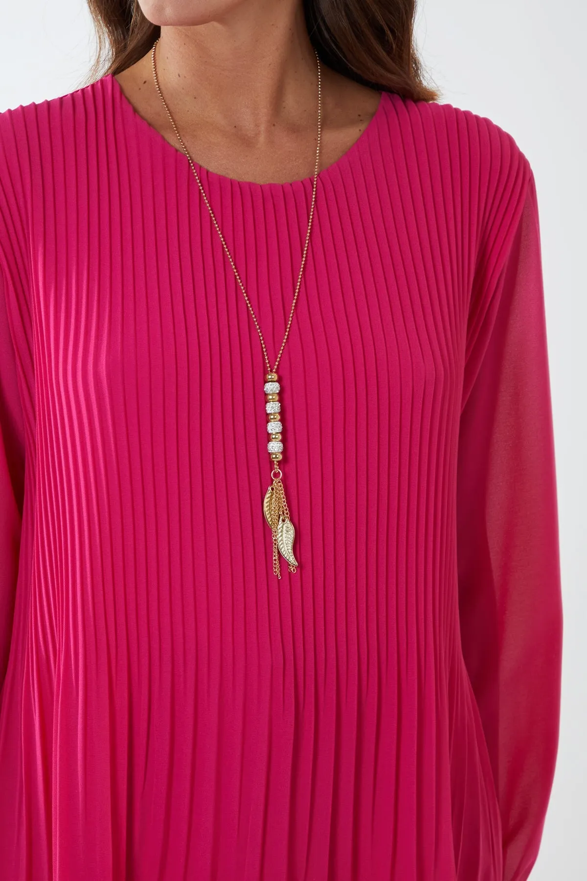 Pleated Long Sleeve Necklace Top