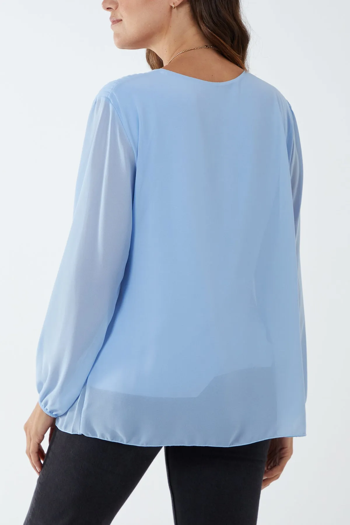 Pleated Long Sleeve Necklace Top