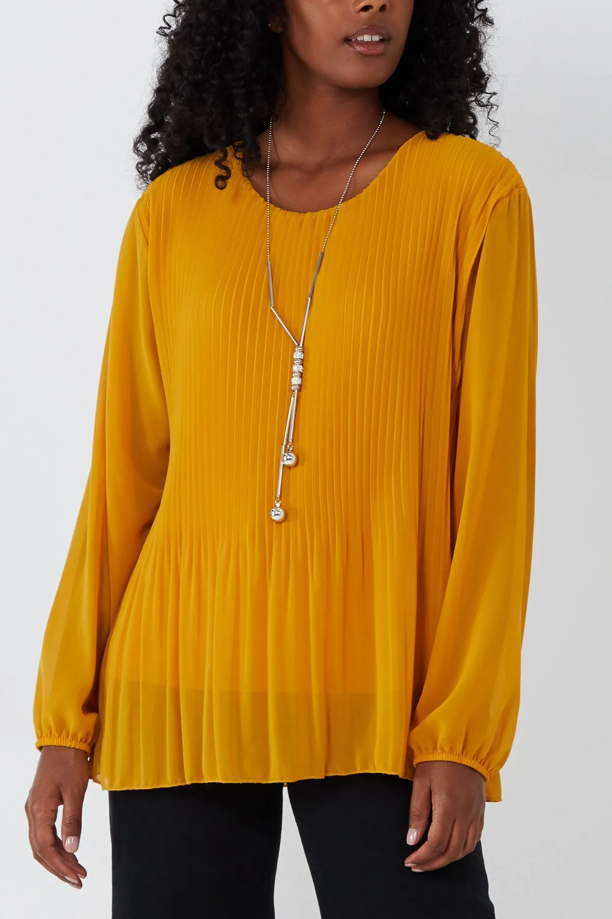 Pleated Long Sleeve Necklace Top