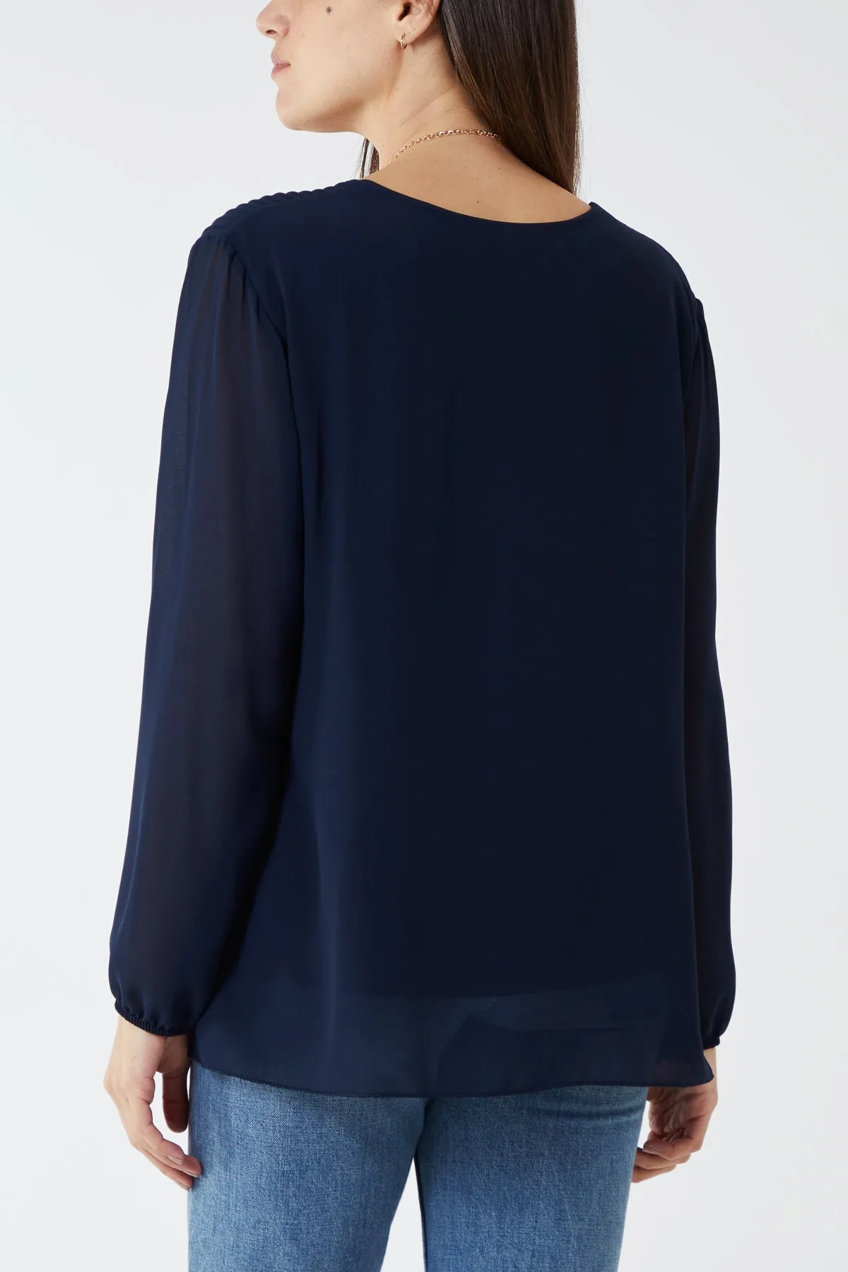 Pleated Long Sleeve Necklace Top
