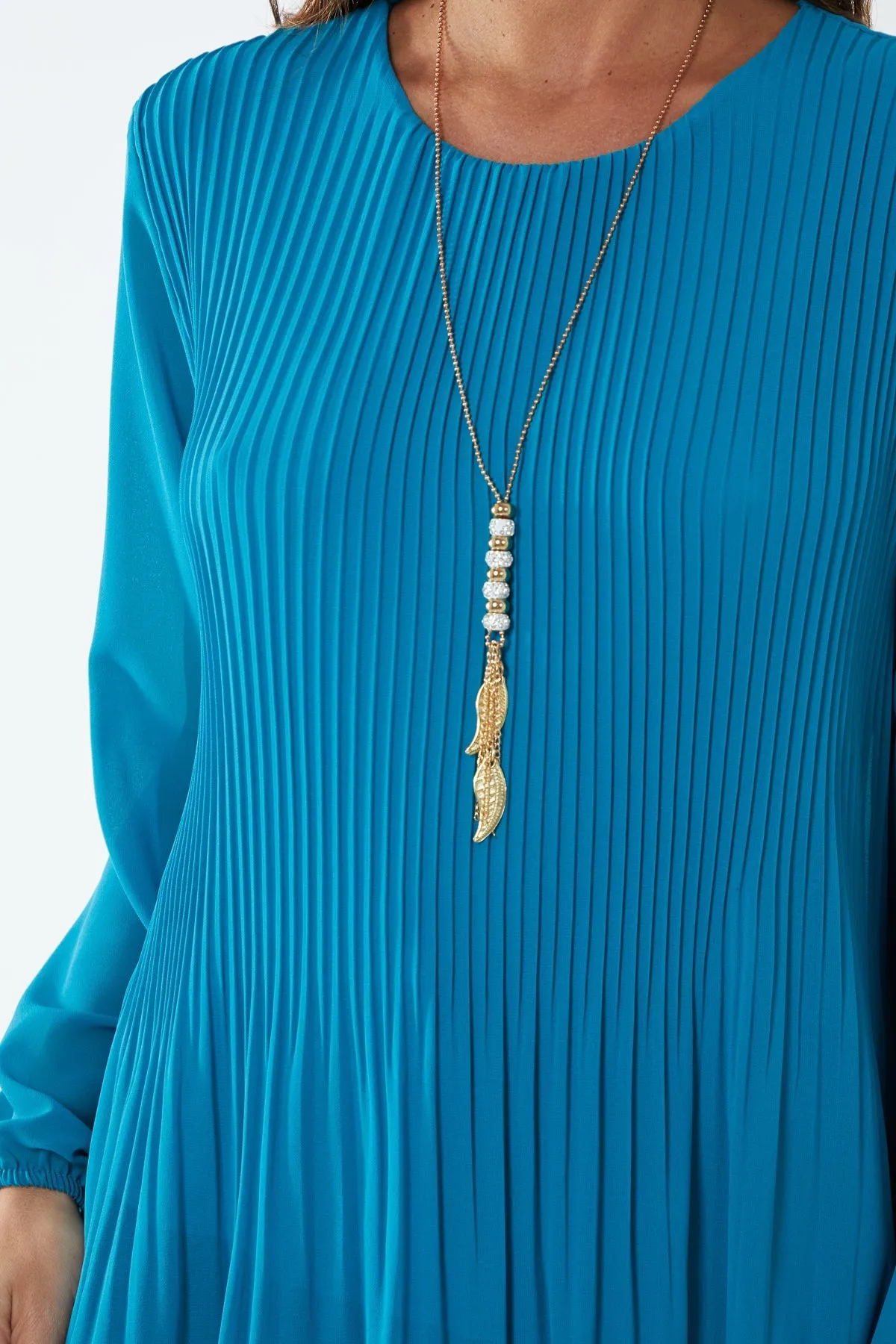 Pleated Long Sleeve Necklace Top