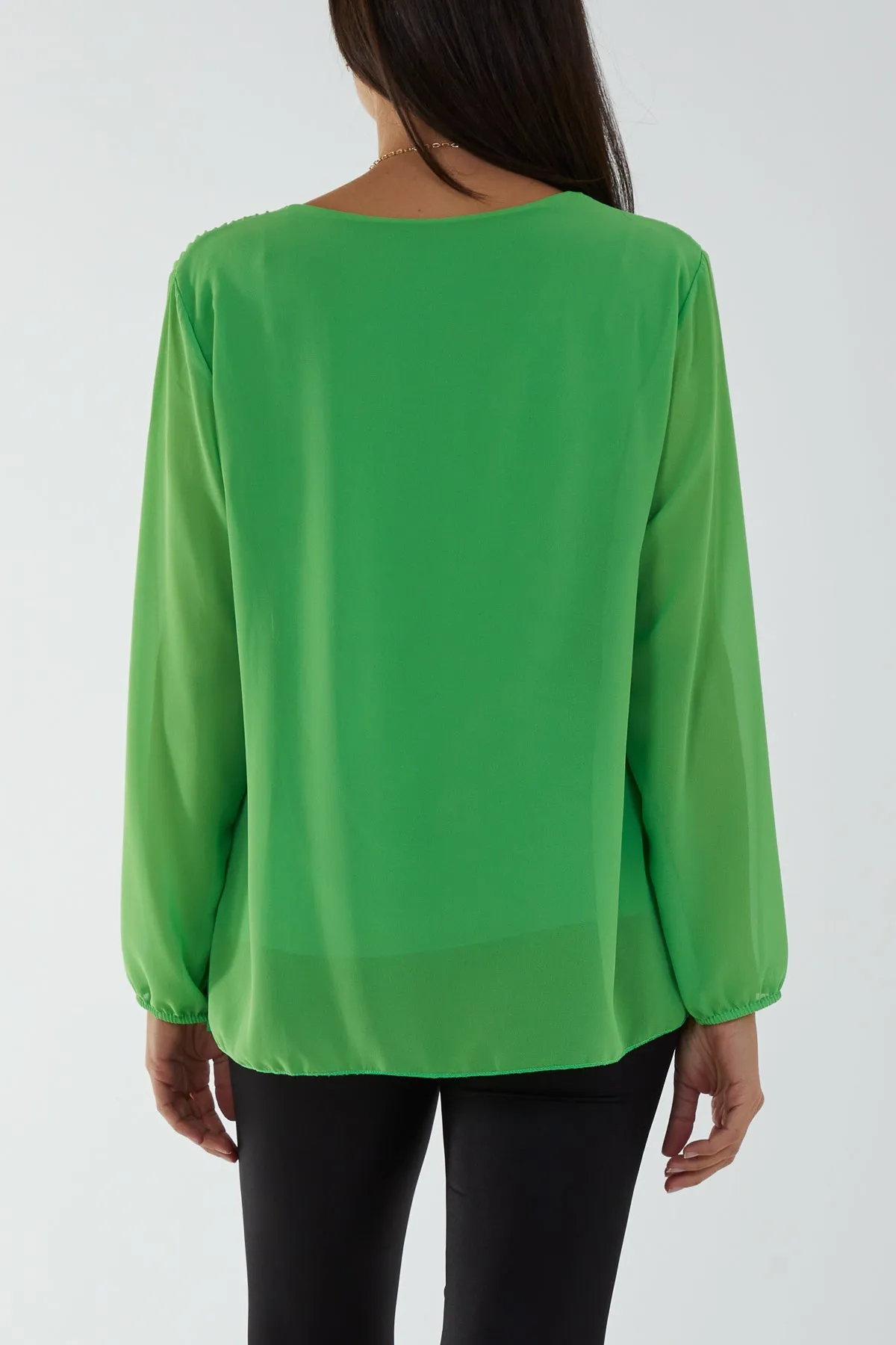 Pleated Long Sleeve Necklace Top