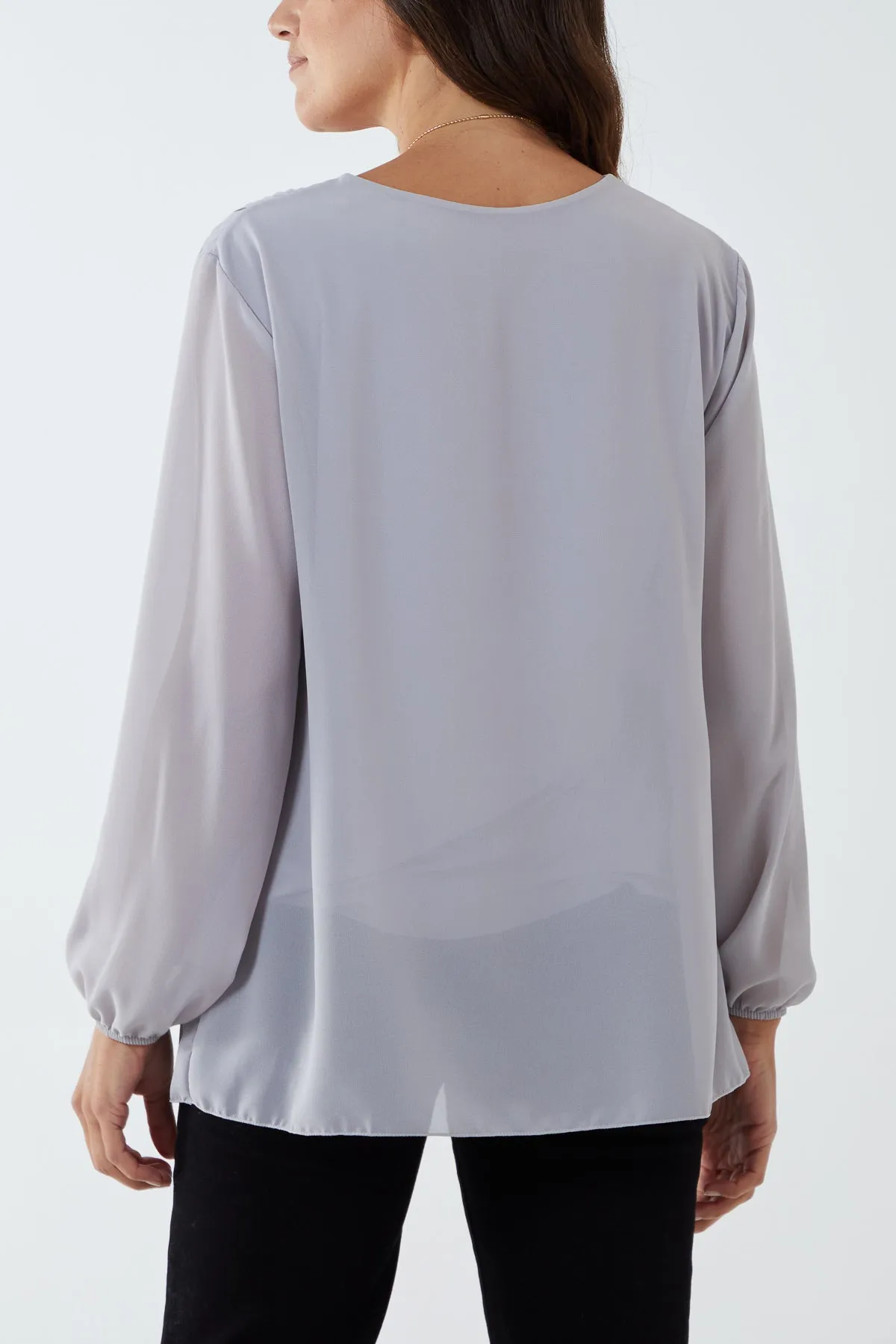 Pleated Long Sleeve Necklace Top