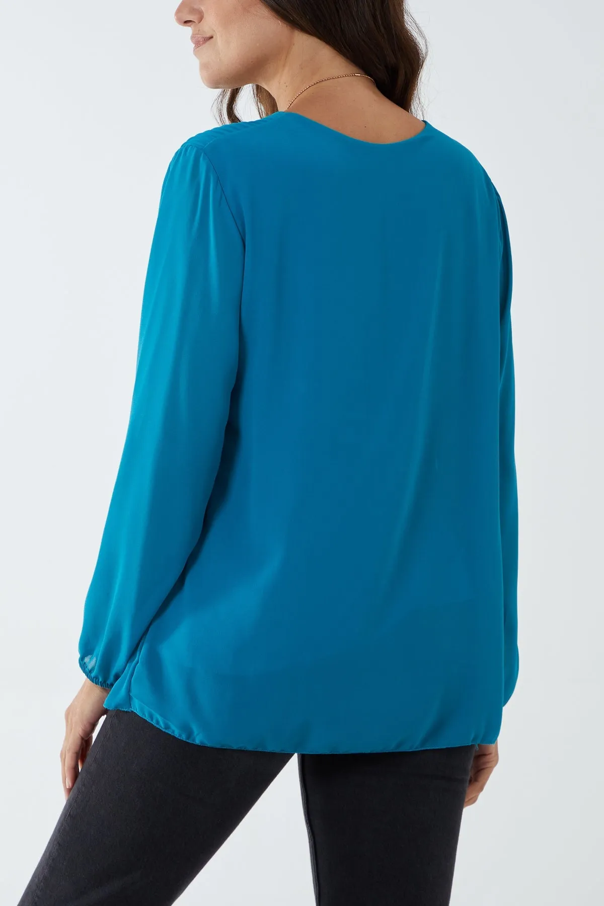 Pleated Long Sleeve Necklace Top