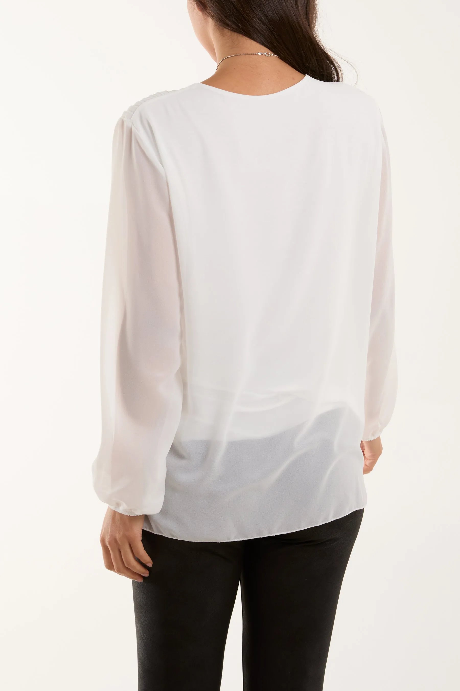 Pleated Long Sleeve Necklace Top