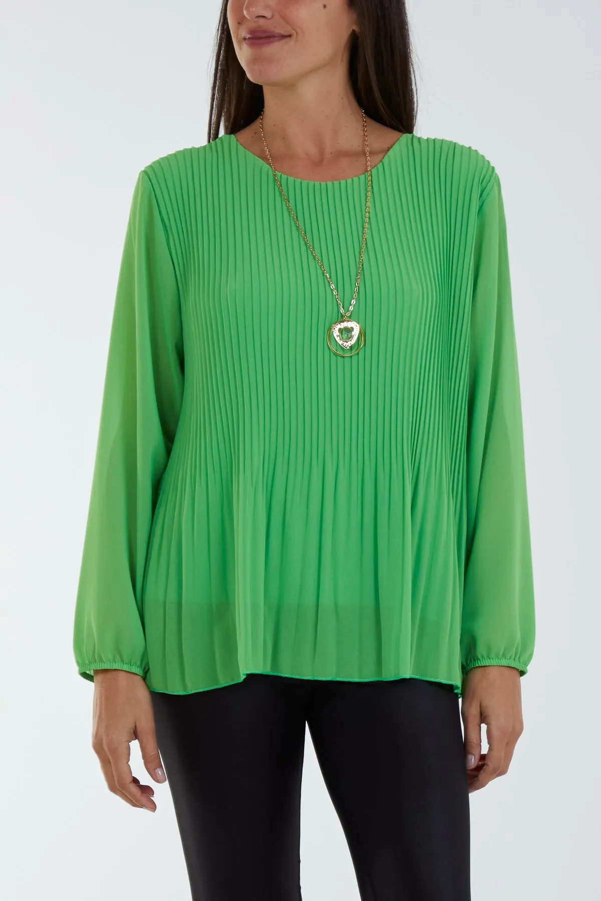 Pleated Long Sleeve Necklace Top