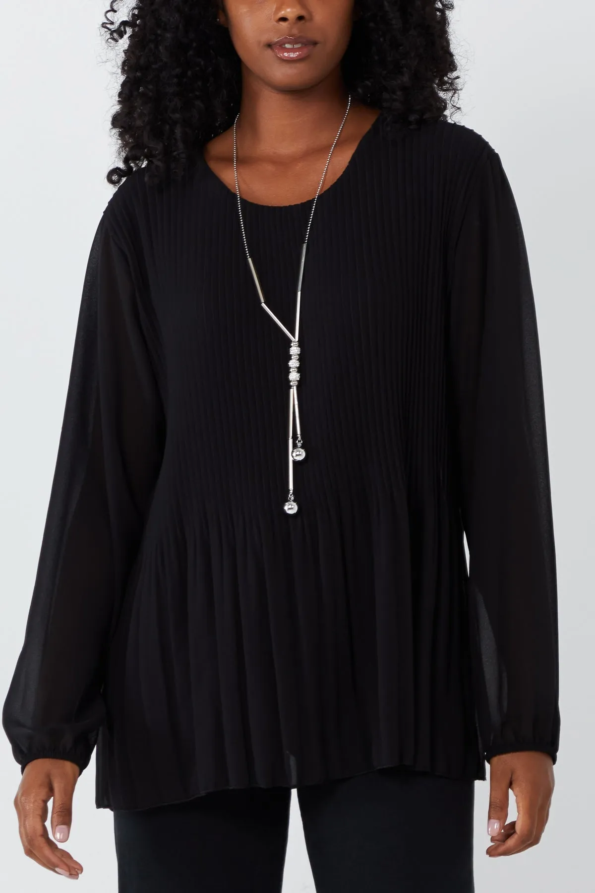 Pleated Long Sleeve Necklace Top