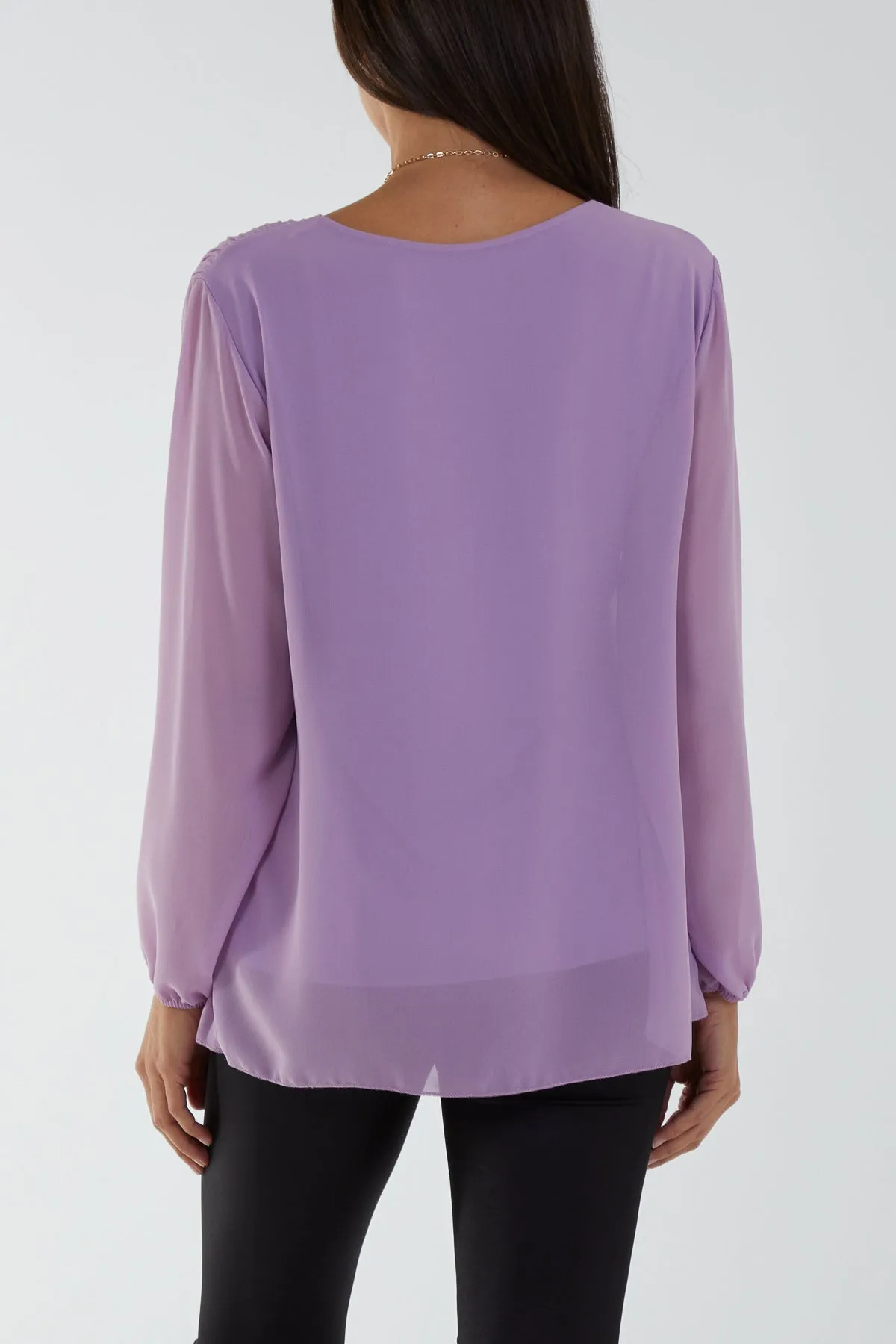Pleated Long Sleeve Necklace Top