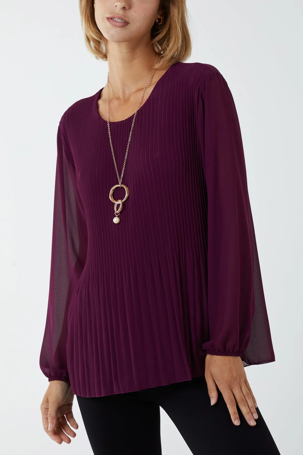 Pleated Long Sleeve Necklace Top