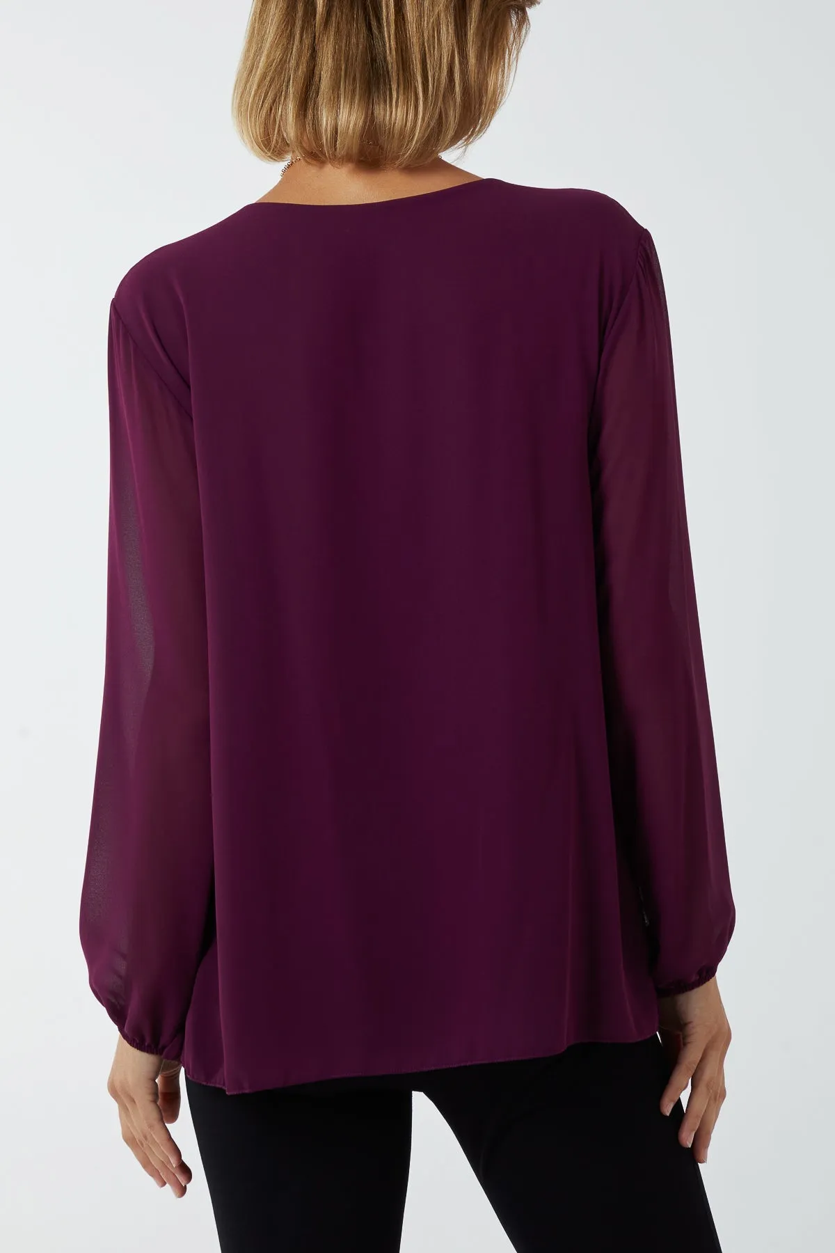 Pleated Long Sleeve Necklace Top