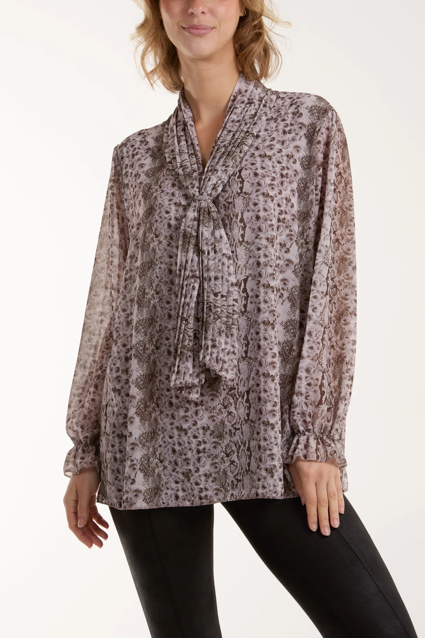 Pleated Tie Neck Sheer Floral Blouse