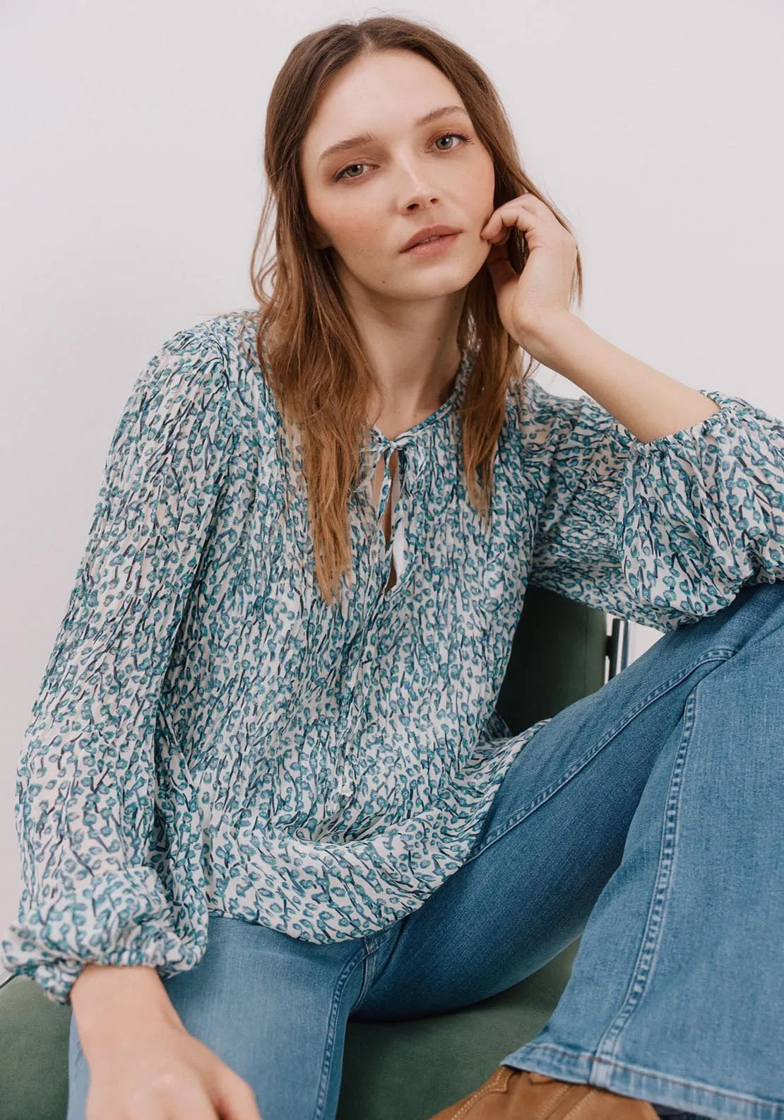 Pleated V Neckline Blouse - White Print