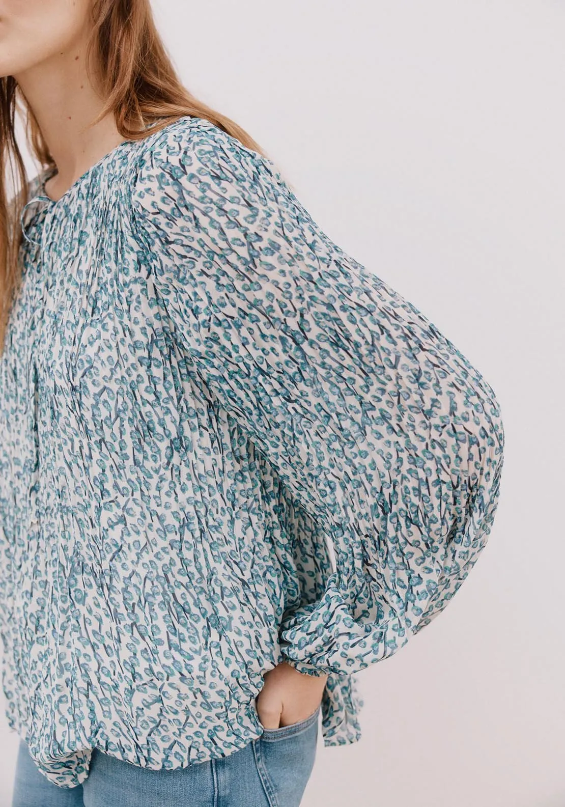 Pleated V Neckline Blouse - White Print