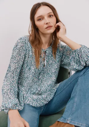 Pleated V Neckline Blouse - White Print