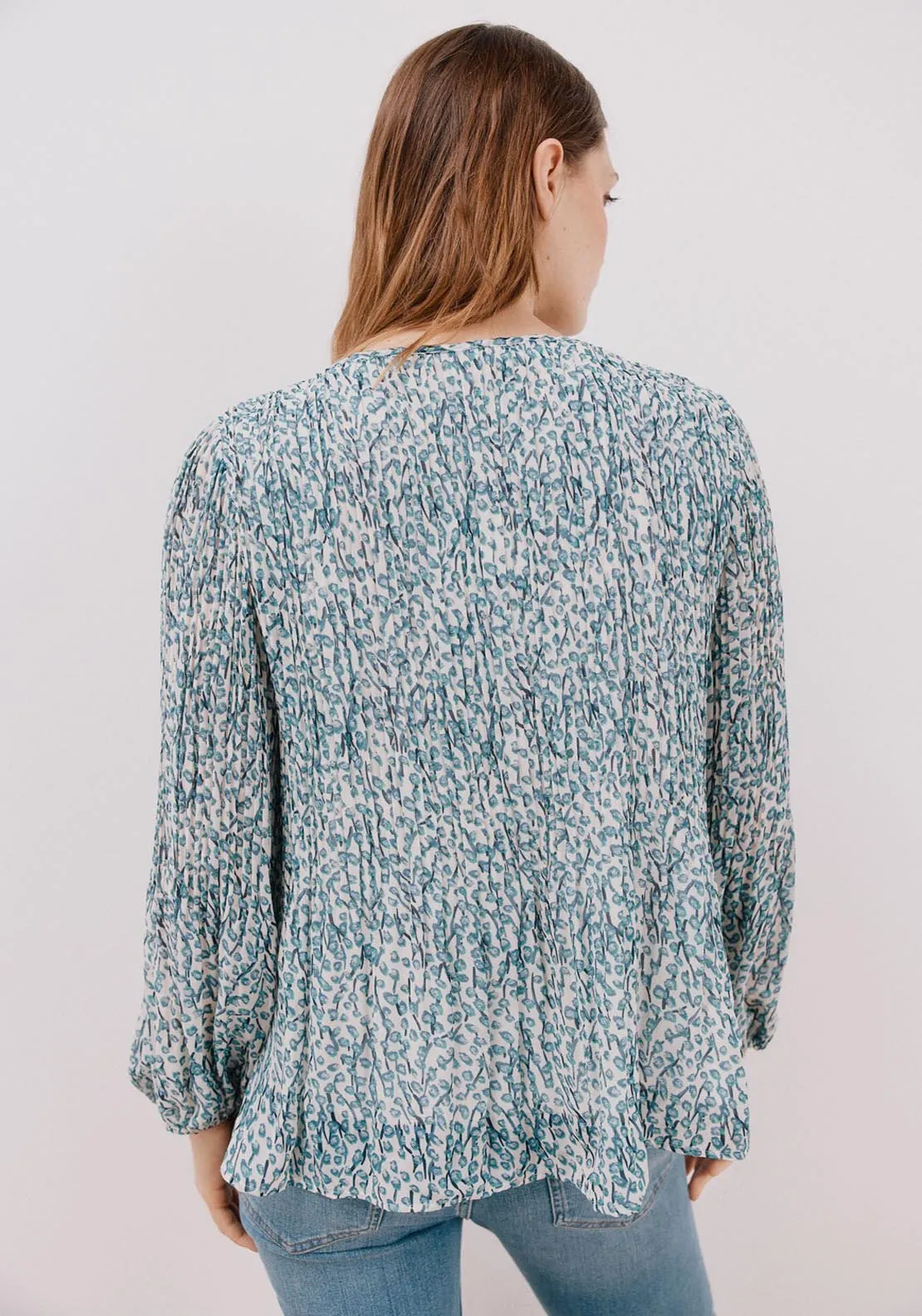 Pleated V Neckline Blouse - White Print