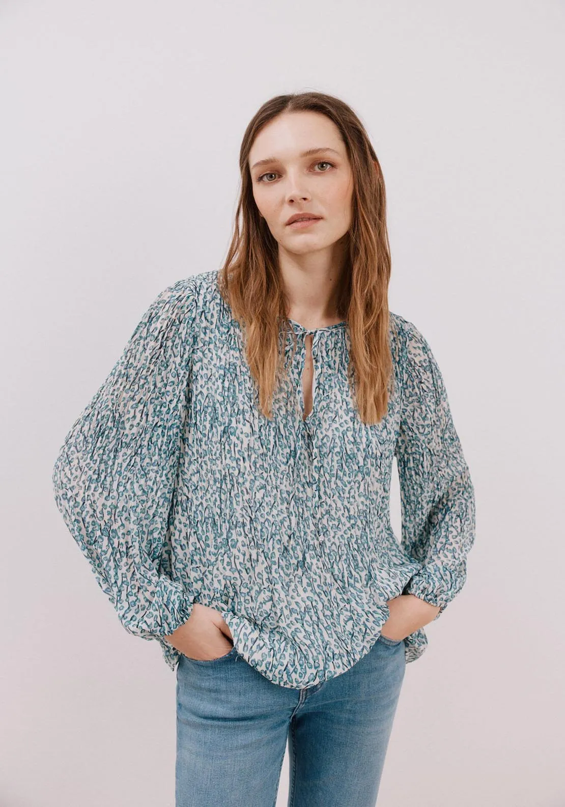 Pleated V Neckline Blouse - White Print