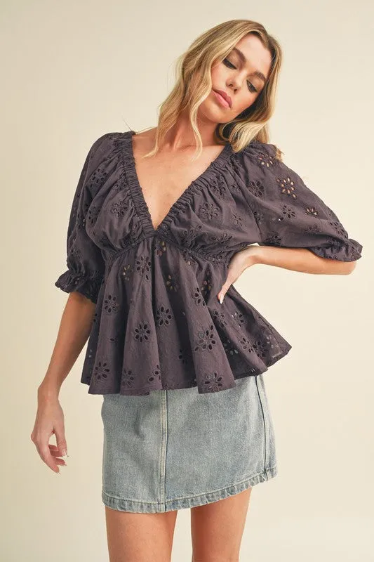 Plum Purple Eyelet Peplum Blouse - Half Sleeve V-Neck