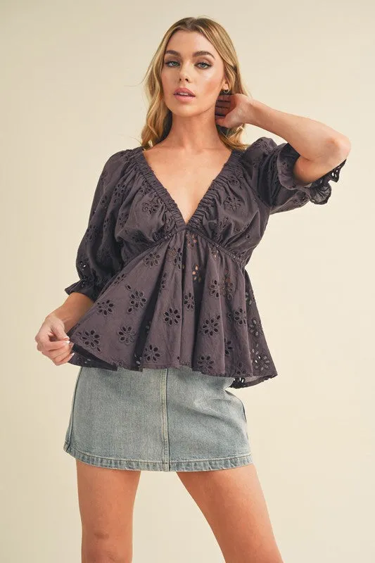 Plum Purple Eyelet Peplum Blouse - Half Sleeve V-Neck