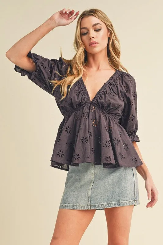 Plum Purple Eyelet Peplum Blouse - Half Sleeve V-Neck