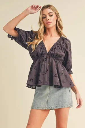 Plum Purple Eyelet Peplum Blouse - Half Sleeve V-Neck